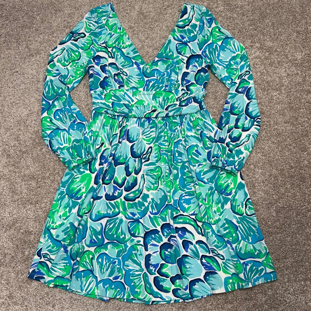 Lilly Pulitzer Fleur Dress Agate Green Lazy River Women Size Large Fit and Flare - Picture 2 of 9